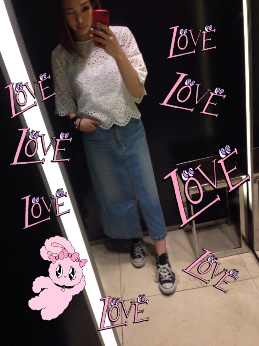 「レース、女の子、ホワイト、デニム、denim、white、converse、スニーカー」｜「Planet blue worldのアイテム（デニムスカート、ブルー系）」を使った、あんずさん（レディース・155cm）の夏コーディネートの1枚目の写真
