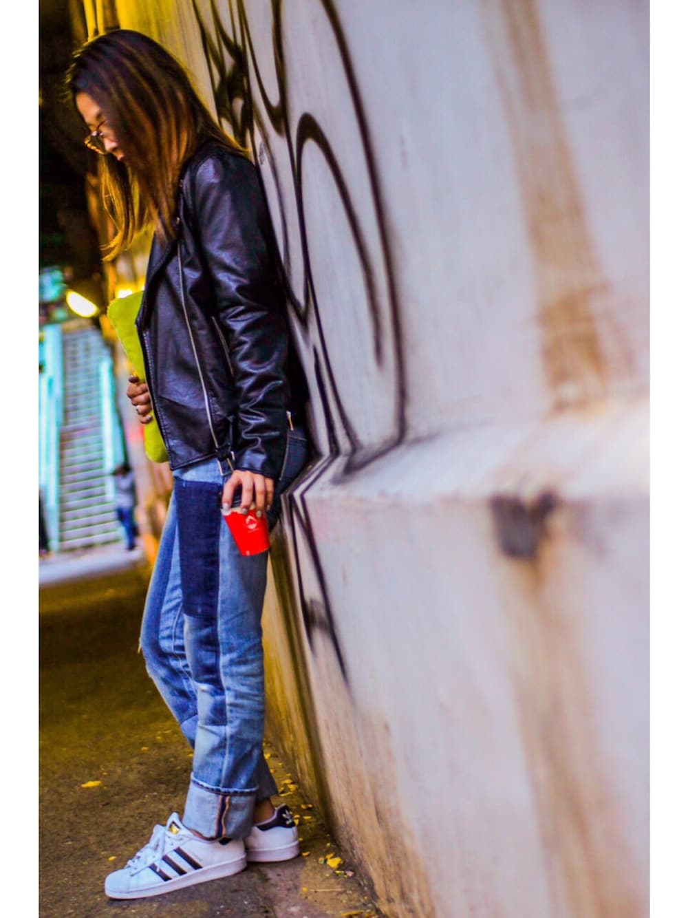 「ライダース、デニム、rrl、adidas、superstar、もこもこ、ファー小物、denim、sneakers、メンズライク」｜「RALPH LAURENのアイテム（デニムパンツ、ブルー系）」を使った、あんずさん（レディース・155cm）の冬コーディネートの1枚目の写真
