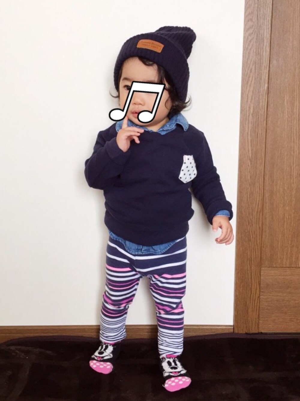 「ニット帽、トレーナー、レギンス、シャツ×スウェット」｜「Rodeo Crowns KIDSのアイテム（スウェット、ブルー系）」を使った、yuuuuwa!!!さん（キッズ・80cm）の春コーディネートの1枚目の写真