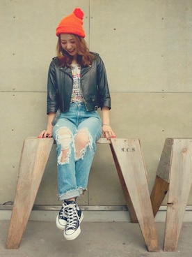 「アイテム（ライダースジャケット）」を使った、 Megu Kashimaさん（レディース・157cm）の冬コーディネート