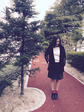 「コクーンスカート」｜「アイテム（スタジャン）」を使った、えっちゃんさん（レディース・156cm）の秋コーディネート