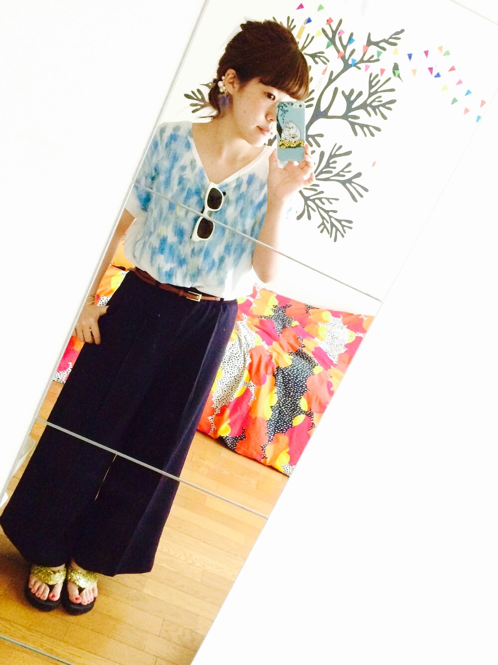 「ワイドパンツ、LOWRYS FARM、clef、Tシャツ、ラフ」｜「Clefのアイテム（Tシャツ/カットソー、ブルー系）」を使った、こはる。さん（レディース・155cm）の夏コーディネートの1枚目の写真