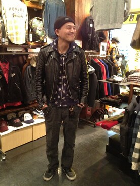 「スター」｜「アイテム（ライダースジャケット）」を使った、matsuuraさん（メンズ・185cm）の秋コーディネート