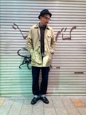 「schott（ショット）のアイテム（ステンカラーコート）」を使った、matsuuraさん（メンズ・189cm）の秋コーディネート