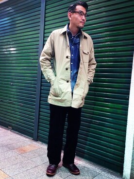 「schott（ショット）のアイテム（ステンカラーコート）」を使った、matsuuraさん（メンズ・189cm）の秋コーディネート