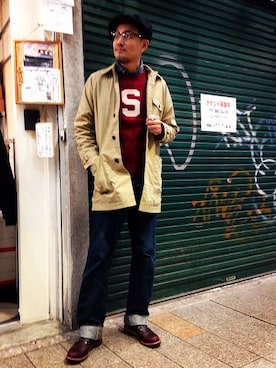 「schott（ショット）のアイテム（ステンカラーコート）」を使った、matsuuraさん（メンズ・189cm）の秋コーディネート