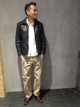 「あごひげ」｜「アイテム（ライダースジャケット）」を使った、matsuuraさん（メンズ・189cm）の冬コーディネート