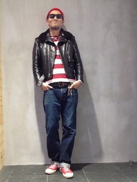 「あごひげ」｜「アイテム（ライダースジャケット）」を使った、matsuuraさん（メンズ・189cm）の冬コーディネート