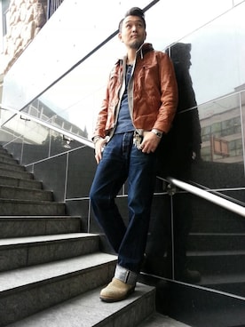 「あごひげ」｜「アイテム（ライダースジャケット）」を使った、matsuuraさん（メンズ・189cm）の冬コーディネート