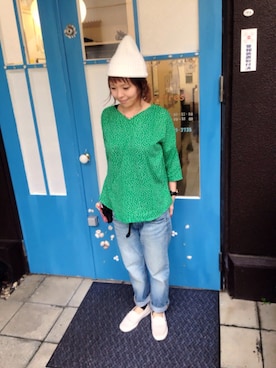 「アイテム（ニットキャップ/ビーニー、ホワイト系）」を使った、mayuさん（レディース・153cm）の春コーディネート