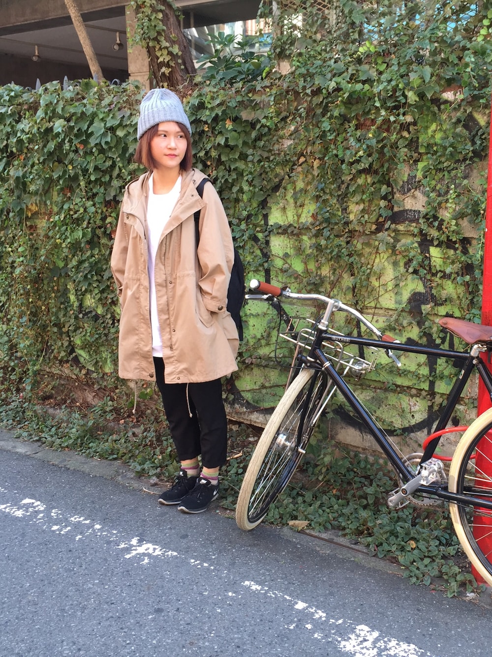 「東京、原宿、日本生活、三個月、Champion、LORYS FARM 、Nike flyknit」｜「LOWRYS FARMのアイテム（ジャケット/アウター、ベージュ系）」を使った、YUNさん（レディース・161cm）の冬コーディネートの1枚目の写真