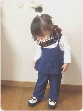 「ネイビー×ホワイト」｜「アイテム（サロペット/オーバーオール）」を使った、おと♪さん（キッズ・80cm）の秋コーディネート