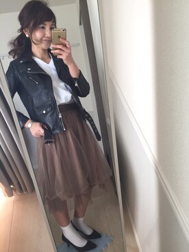 「パールアクセ」｜「アイテム（ライダースジャケット）」を使った、eriiiiiさん（レディース・152cm）の春コーディネート