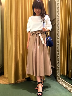 「Rouge vif（ルージュヴィフ）のリボン付きゴムパンツ（その他パンツ、ベージュ系）」を使った、望月さん（レディース・158cm）の春コーディネート