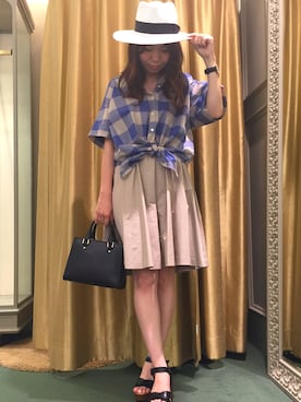 「Rouge vif（ルージュヴィフ）のｸﾞﾛｸﾞﾗﾝﾀｯｸｷﾞｬｻﾞｰｽｶｰﾄ2016SS（スカート、ベージュ系）」を使った、望月さん（レディース・158cm）の夏コーディネート