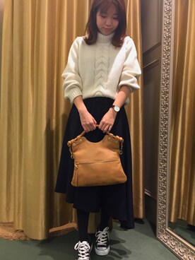 「Rouge vif（ルージュヴィフ）のｹｰﾌﾞﾙﾊｲﾈｯｸﾆｯﾄ（ニット/セーター、ホワイト系）」を使った、望月さん（レディース・158cm）の冬コーディネート