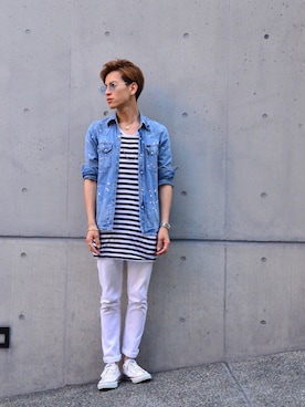 「ブルー x ホワイト」｜「アイテム（デニムジャケット）」を使った、Yuuki Nakajima(中島雄基)さん（メンズ・173cm）の夏コーディネート
