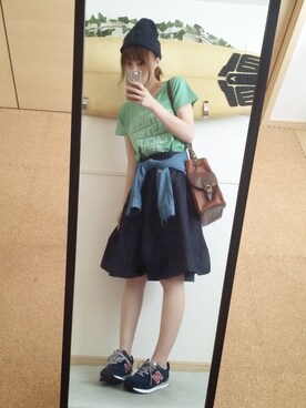 「ひざ丈スカート」｜「アイテム（ニットキャップ/ビーニー）」を使った、miiさん（レディース・161cm）の夏コーディネート