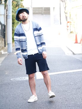 「HVC（エイチブイシー）のアイテム（パンツ）」を使った、阿部係長さん（メンズ・172cm）の春コーディネート