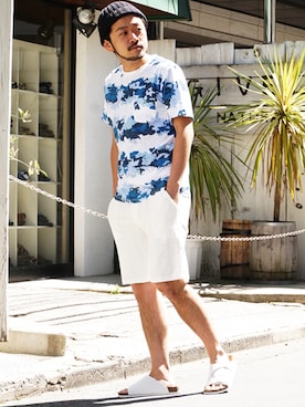 「HVC（エイチブイシー）のアイテム（パンツ）」を使った、阿部係長さん（メンズ・172cm）の夏コーディネート