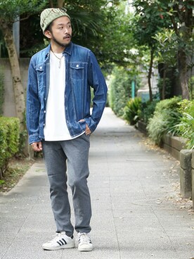 「HVC（エイチブイシー）のアイテム（トップス）」を使った、阿部係長さん（メンズ・172cm）の夏コーディネート