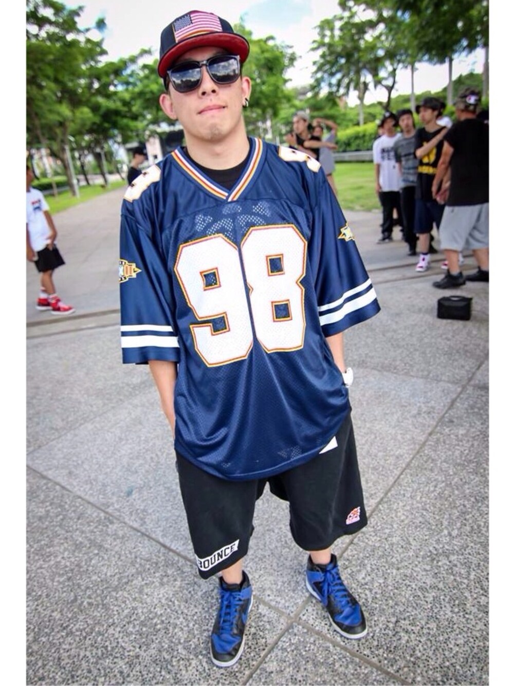 「stussy、NIKE、Taiwan、street、HIPHOP、dance、starter、kaohsiung、Tribal Crew」｜「starterのStarter 橄欖球衣（その他トップス、ブルー系）」を使った、Sun kaikaiさん（メンズ・170cm）の夏コーディネートの1枚目の写真