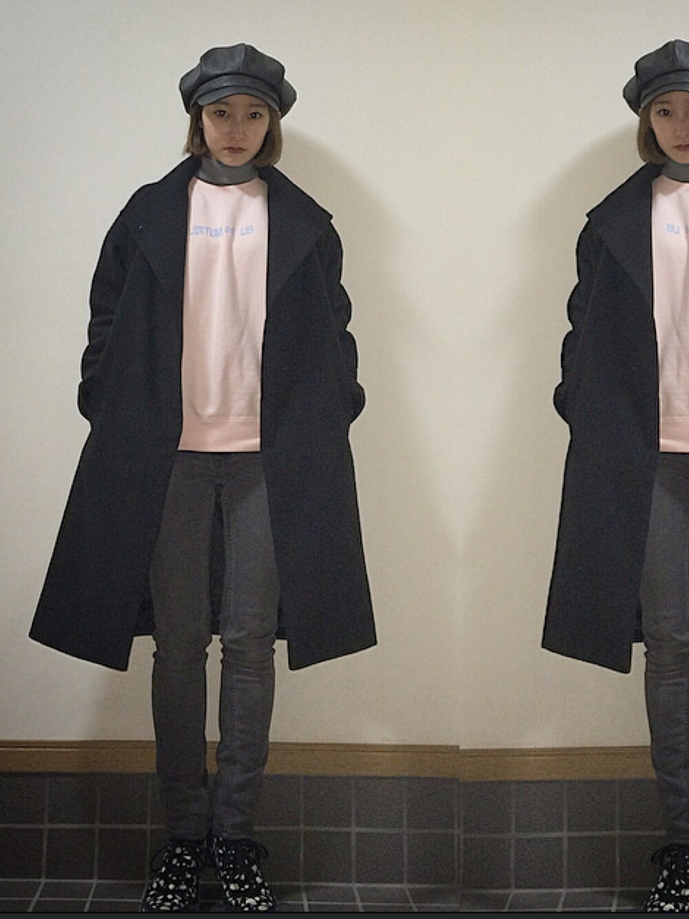 「libutumadlib、ACNE、converse、ootd、黒×ピンク」｜「EDITIONのACNE SKIN 5 USED スキニーデニムパンツ（デニムパンツ、ブラック系）」を使った、NAOさん（レディース・161cm）の冬コーディネートの1枚目の写真