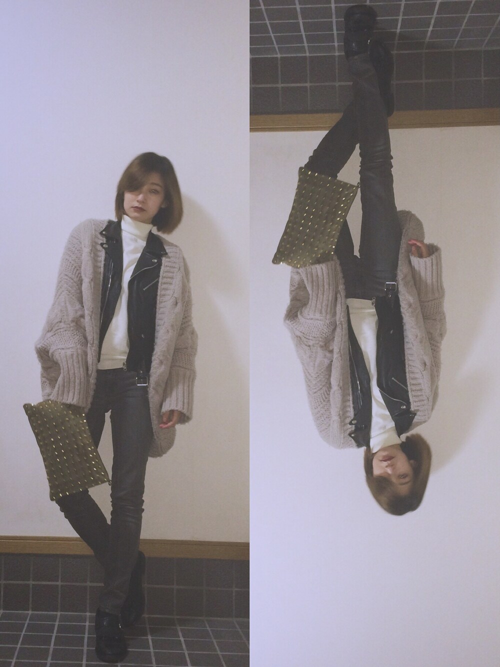 「VIBGYOR(VIBGYOR)、Hush Puppies、ACNE、TOPSHOP、ニットカーディガン」｜「VIBGYORのアイテム（ライダースジャケット、ブラック系）」を使った、NAOさん（レディース・161cm）の冬コーディネートの1枚目の写真