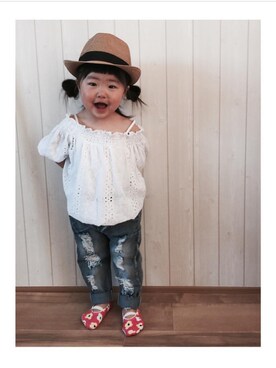 「韓国子供服のアイテム（Tシャツ/カットソー、ホワイト系）」を使った、PinktriangleAKMさん（キッズ）の夏コーディネート
