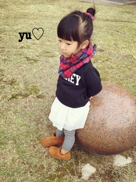 「petit main（プティマイン）のロゴデザイン裏起毛トレーナー（スウェット）」を使った、yuzu_haさん（キッズ・90cm）の冬コーディネート