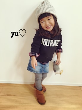 「petit main（プティマイン）のロゴデザイン裏起毛トレーナー（スウェット）」を使った、yuzu_haさん（キッズ・90cm）の冬コーディネート