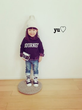 「petit main（プティマイン）のロゴデザイン裏起毛トレーナー（スウェット）」を使った、yuzu_haさん（キッズ・90cm）の冬コーディネート