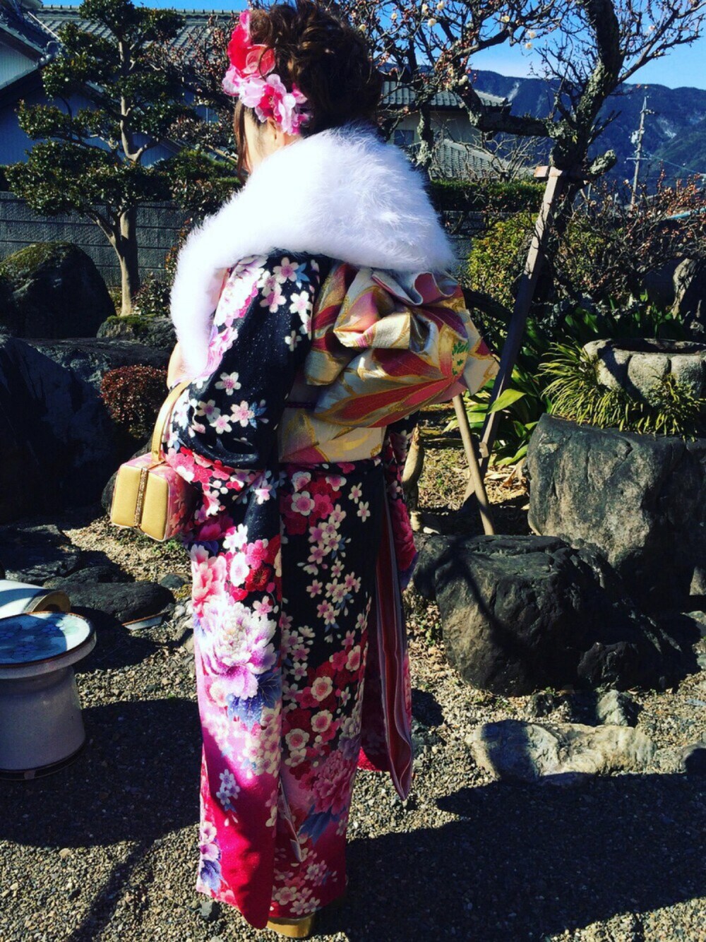 「振袖」｜「no brandのアイテム（浴衣、ピンク系）」を使った、ayaさん（レディース・153cm）の冬コーディネートの1枚目の写真