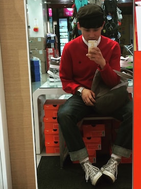「BRIXTON（ブリクストン）のアイテム（ハンチング/ベレー帽）」を使った、홍성현さん（メンズ・177cm）の春コーディネート