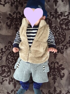 「UNIQLO（ユニクロ）のアイテム（その他アウター、ベージュ系）」を使った、arinceさん（キッズ・80cm）の冬コーディネート