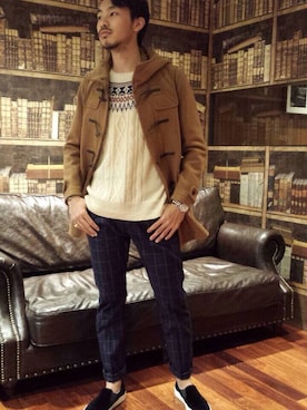 「tk.TAKEO KIKUCHI（ティーケータケオキクチ）のアイテム（ダッフルコート）」を使った、梅谷 哲一さん（メンズ・177cm）の秋コーディネート