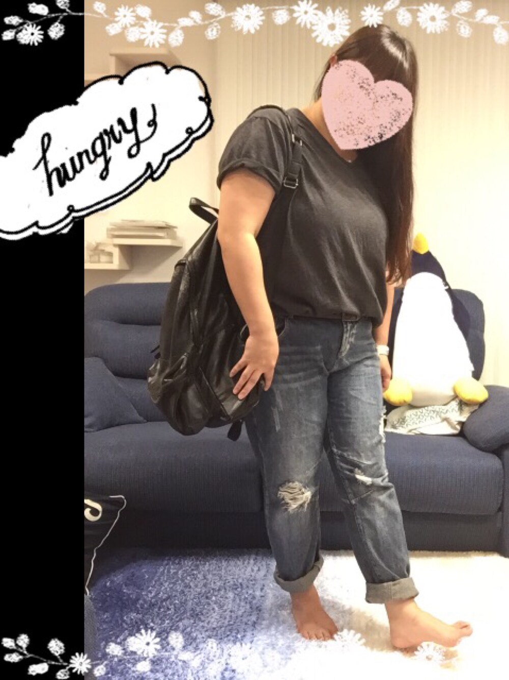 「デニムパンツ、カジユアル、運転しやすい服、飛行機スタイル、リュック大好き、UNIQLO」｜「UNITED ARROWSのアイテム（バックパック/リュック、ブラック系）」を使った、YUさん（レディース・164cm）の夏コーディネートの1枚目の写真
