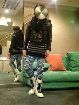 「ハイカット」｜「アイテム（ライダースジャケット）」を使った、JBRNさん（メンズ・165cm）の冬コーディネート