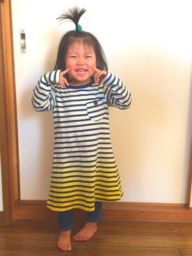 「Handmade（ハンドメイド）のアイテム（ヘアゴム、グリーン系）」を使った、ゆゆさん（キッズ・100cm）の秋コーディネート