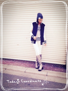 「アイテム（スタジャン）」を使った、陽子さん（レディース・163cm）の冬コーディネート