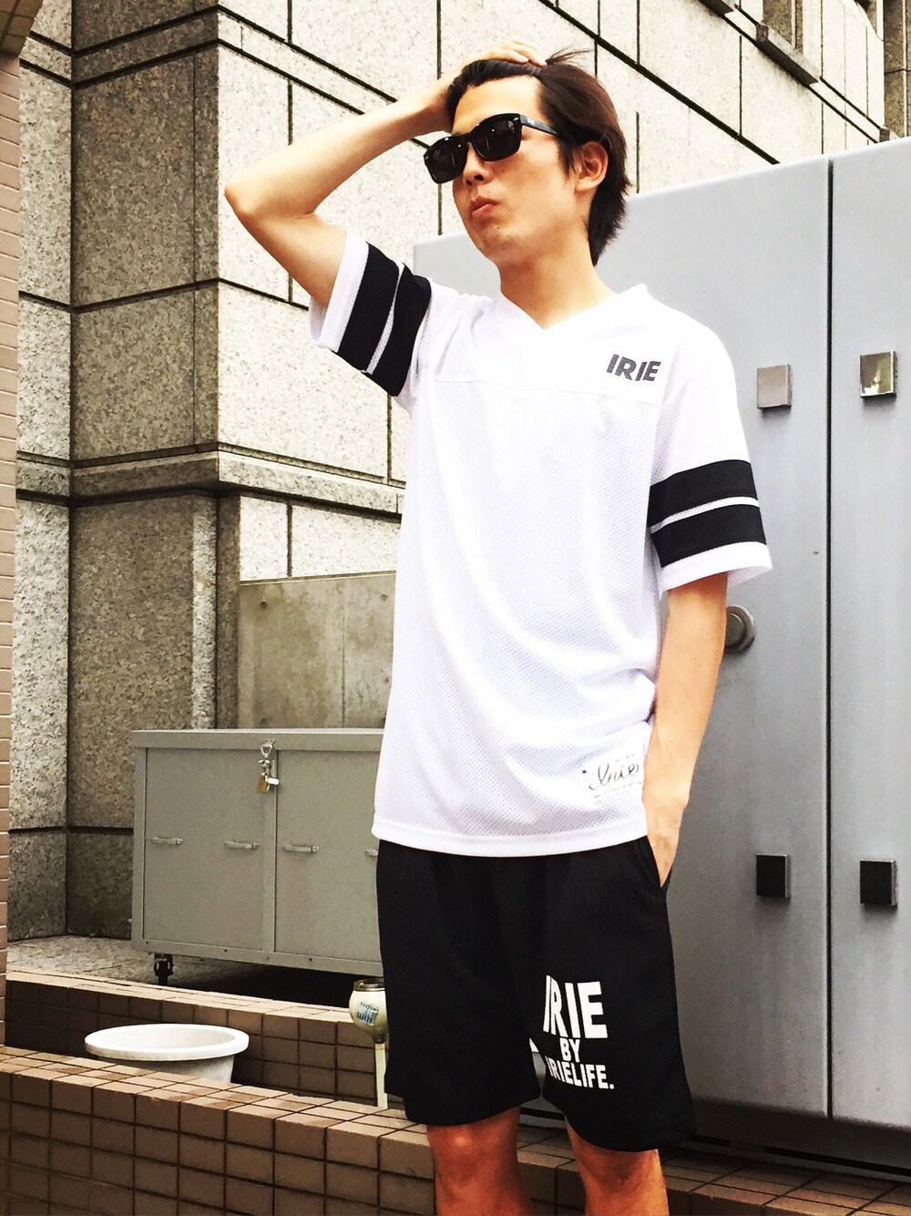 「IRIE by Irielife、sports、mesh、raggachina」｜「IRIE by irielifeのアイテム（Tシャツ/カットソー、ホワイト系）」を使った、ラガチャイナさん（メンズ・170cm）の夏コーディネートの1枚目の写真
