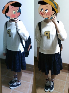 「ひざ丈スカート」｜「アイテム（スウェット）」を使った、ハルさん（レディース・158cm）の秋コーディネート