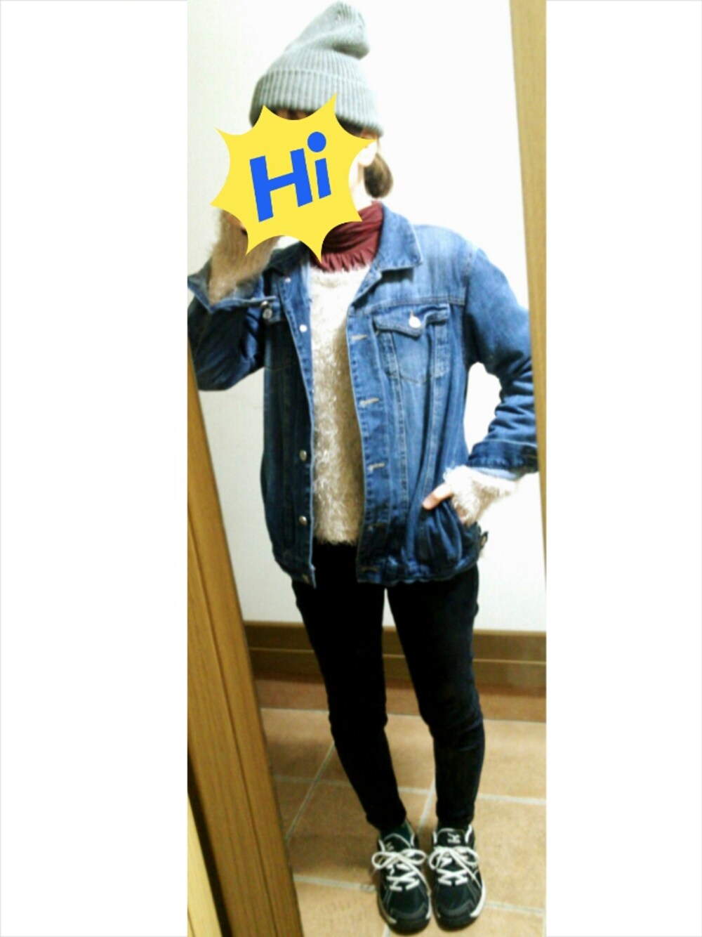 「ニット帽、ニットキャップ、Gジャン、ニット、タートル、スキニーデニム、黒スキニー、スニーカー、グレー、黒スニーカー」｜「GUのグレーニット帽（ニットキャップ/ビーニー、グレー系）」を使った、ハルさん（レディース・158cm）の秋コーディネートの1枚目の写真
