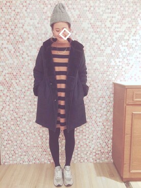 「earth music&ecology（アースミュージックアンドエコロジー）のアイテム（ムートンコート、ブラック系）」を使った、nishiyaaaaaanさん（レディース・166cm）の秋コーディネート