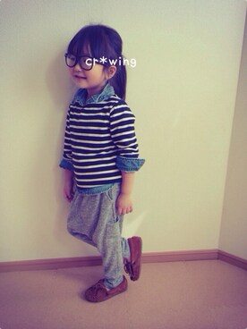「ボーダーTシャツ」｜「アイテム（モカシン/デッキシューズ）」を使った、cr*wingさん（キッズ・100cm）の春コーディネート