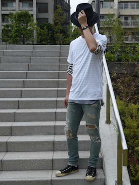 「TAKAHIROMIYASHITATheSoloIst.（タカヒロミヤシタザソロイスト）のアイテム（ハット）」を使った、R.Hさん（メンズ・186cm）の夏コーディネート