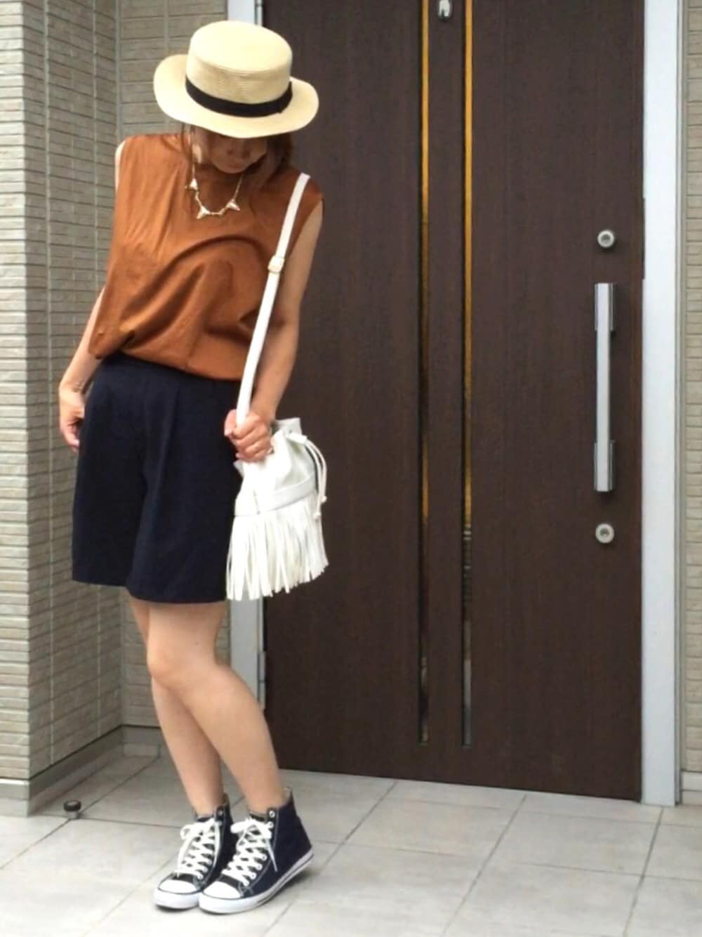 「ママコーデ、GU、マーセライズドノースリーブ、イロチ買い、GUMANIA、UNIQLO、ショートパンツ、潮干狩り、ノースリーブ」｜「DAISOのアイテム（帽子、ベージュ系）」を使った、ともぞうでらっくすさん（レディース・167cm）の夏コーディネートの1枚目の写真
