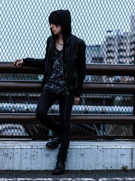 「SRIVER」｜「アイテム（ライダースジャケット）」を使った、勝田 俊介さん（メンズ・164cm）の春コーディネート