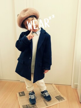 「アイテム（チェスターコート）」を使った、erimomoさん（キッズ・100cm）の冬コーディネート