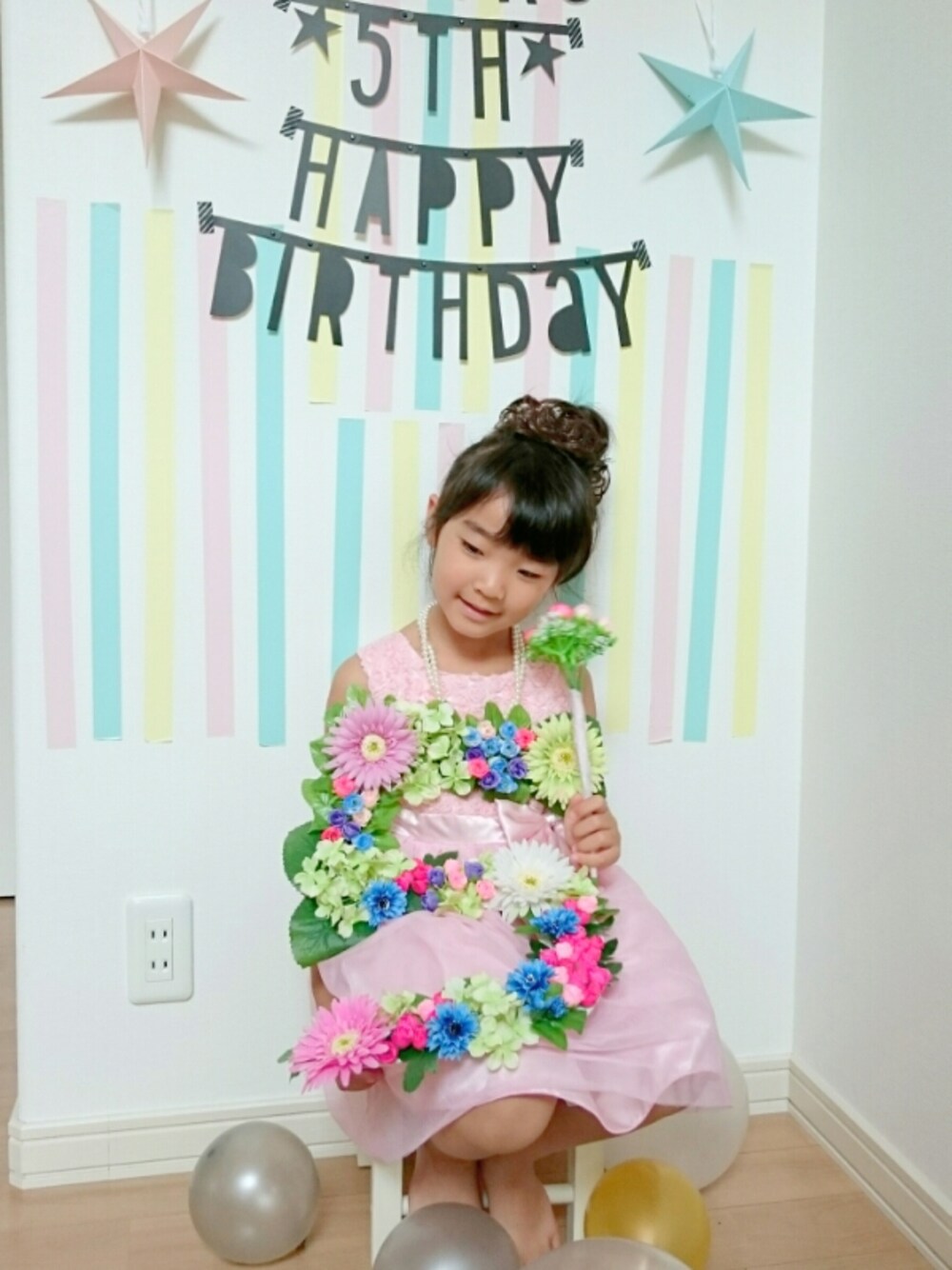「5歳、お誕生日コーデ、お誕生日おめでとう！、kids、ドレス、キッズコーデ、キッズファッション」｜「Handmadeのアイテム（その他雑貨、その他）」を使った、erimomoさん（キッズ・110cm）の夏コーディネートの1枚目の写真